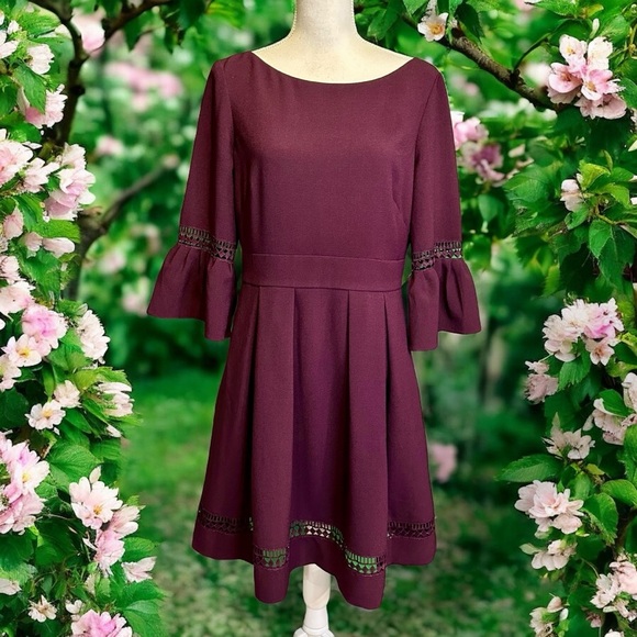 Eliza J ‘3/4 Length Bell Sleeve Fit & Flare Dress’ in “Plum Burgundy” Size 12 - Picture 4 of 15